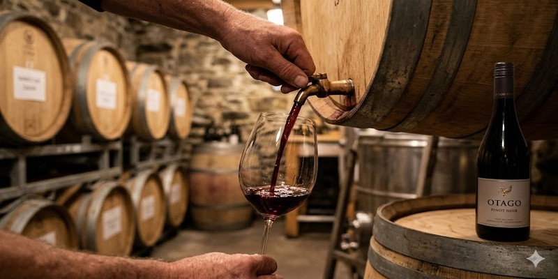 Quá trình Rót Pinot Noir từ Thùng sồi thủ công tại Central Otago