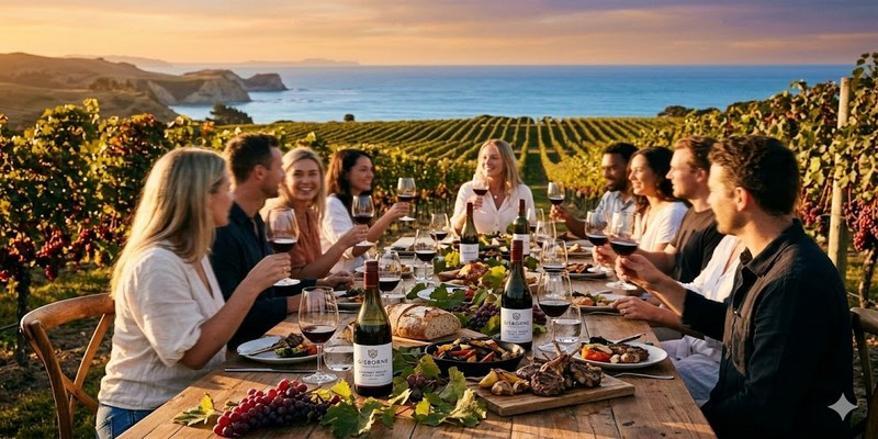 Bữa Tiệc Nho Cabernet Sauvignon/Merlot Blend vùng Gisborne dưới Ánh Hoàng hôn